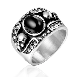 Bague Crâne en Acier Inoxydable Punk Vintage pour Hommes Bague Bande de Bijoux de Motard Incrustée de Strass et de Pierres Précieuses Noires Gothiques