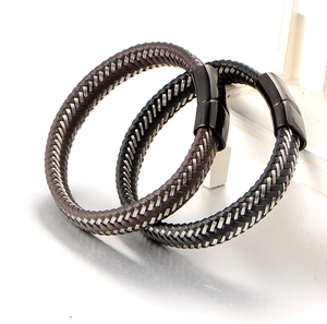 Braided leather bracelets in black and brown with secure magnetic steel clasp