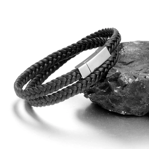 Double-wrap black woven leather bracelet for men featuring a magnetic metal clasp