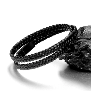 Men's double-layered braided black leather bracelet with a black magnetic stainless steel clasp