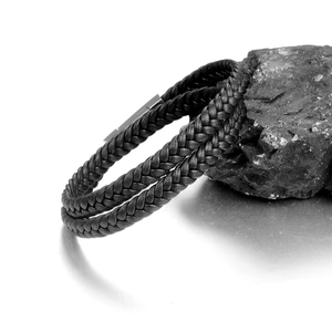 Double-layered braided black leather bracelet with silver titanium steel clasp for men