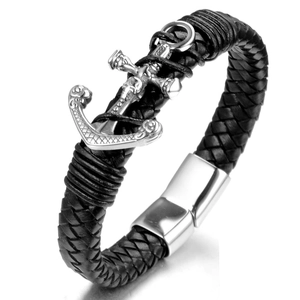 Herren Punk Nautisch Anker Geflochtenes Leder Armband Edelstahl Magnetverschluss Retro Seemann Armreif Mode Schmuck