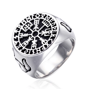 Vintage Viking Vegvisir Compass Stainless Steel Ring For Men Nordic Runic Polished Distressed Punk Style Signet Finger Ring