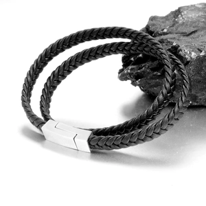 Men's double-layered black braided leather bracelet with silver magnetic steel clasp