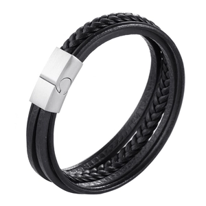 Multilayer braided black leather bracelet with silver magnetic buckle and omega symbol