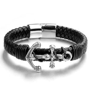 Herren-Lederarmband geflochten in Schwarz mit Anker-Anhänger und Magnetverschluss aus Stahl