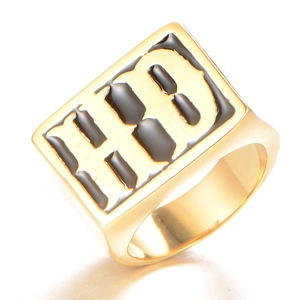 Men's titanium steel signet ring with gold plating and black enamel HB initials