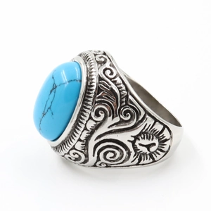 Vintage punk titanium steel ring for men featuring an oval turquoise and intricate engravings