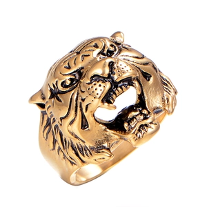 Vintage goldener Tigerkopf-Ring aus Titanstahl für Herren mit detailliertem Brüll-Design