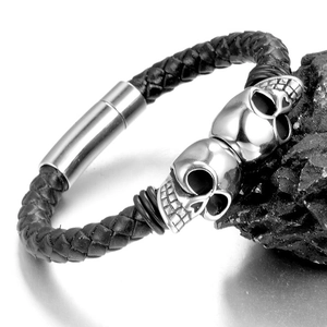 Bracelet Homme Vintage Punk Acier Inoxydable Double Tête de Mort Bracelet en Cuir Tressé Noir Bijoux Rock Cadeau