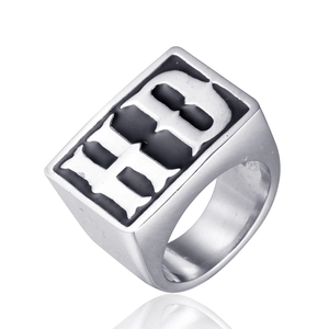 Polished silver stainless steel signet ring for men featuring Gothic HB letter design