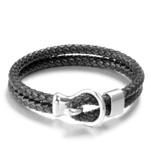 Double-wrap black braided leather bracelet with silver stainless steel U-shaped buckle