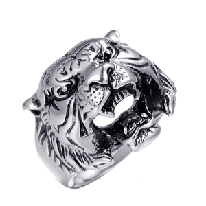 Gotischer Tigerkopf Ring aus antikem Silber-Edelstahl mit detailreiches 3D Design