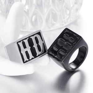 Titanium steel signet rings with embossed HB lettering in silver black and matte black finish