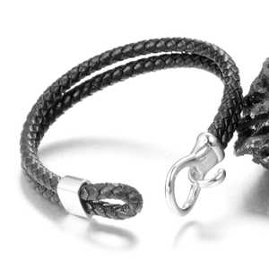 Braided black leather men's bracelet with silver polished stainless steel hook clasp