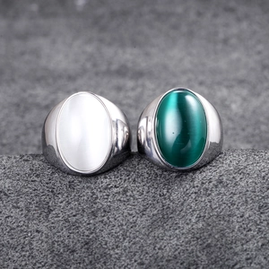 Men's titanium steel rings with oval cat-eye stones in white and dark green finishes