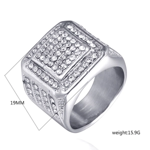 Macro shot of men's hip hop square ring with 19mm width and clear crystal stones