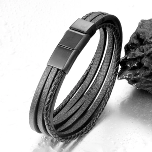 Men's multilayer black leather bracelet with braided strands and matte steel clasp