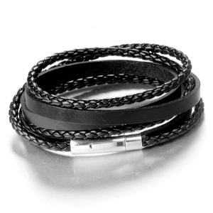 Men's multi-layer black braided leather bracelet with silver magnetic buckle on white background