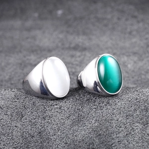 Men's punk titanium steel ring set with cat-eye stone inlay in green and white colors