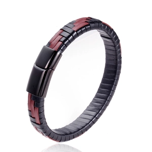 Bracelet pour homme en cuir tressé noir et rouge foncé avec fermoir en acier inoxydable