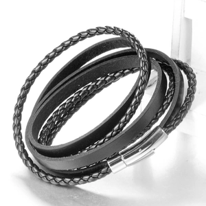 Men's multi-layer black braided leather bracelet with silver stainless steel magnetic clasp