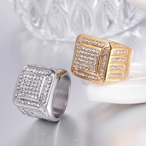 Hip hop square signet rings in gold and silver finish with micro paved iced out crystals
