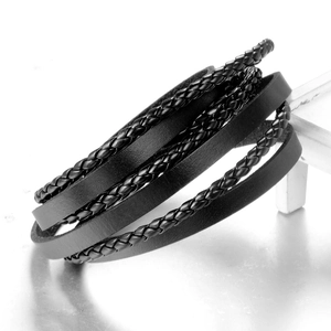 Men's minimalist multilayer braided black leather wrap bracelet with five-strand texture