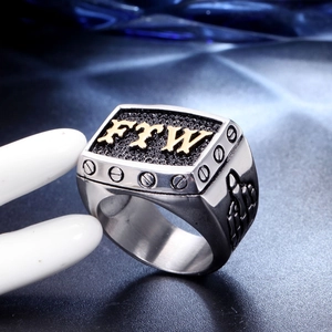 Anello punk da uomo in acciaio inossidabile con scritte FTW oro e teschi