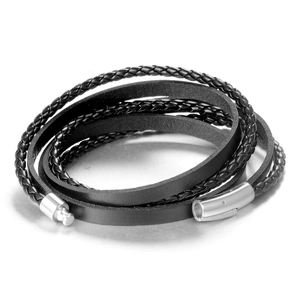 Multi-layer black leather bracelet for men with silver magnetic clasp on white background