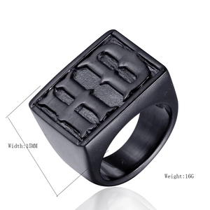 Matte black stainless steel signet ring for men featuring embossed HB letters, 15mm width