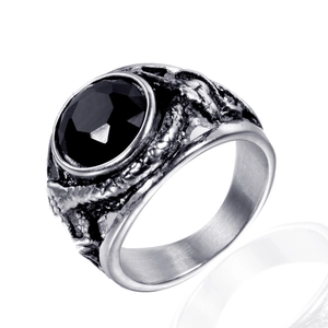 Vintage titanium steel ring with oval black gemstone and textured dragon scale band