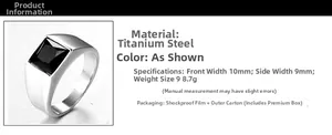 Detail view of titanium steel ring for men with black gemstone showing size measurements