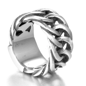 Mens silver chain link ring in punk style made of polished stainless steel metal