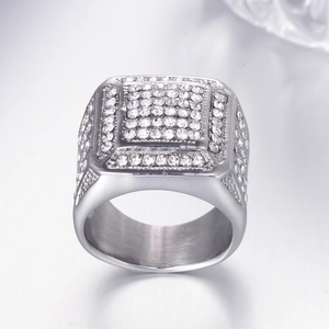 Men's hip hop square ring in silver stainless steel fully iced out with zircons