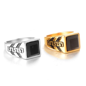 Mens stainless steel rings with black square stone and Greek Key patterns in gold and silver