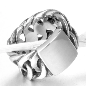 Silver chain link ring with rectangle metal plate in industrial punk style jewelry