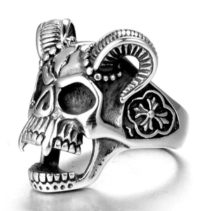 Gothic skull ram horn ring in vintage silver finish with cross floral engraving side
