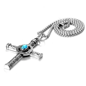 Vintage stainless steel cross necklace with turquoise stone inlay and engraved scrollwork