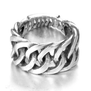 Vintage oxidized silver Cuban link chain ring with minimalist stainless steel design