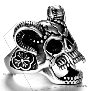 Men's vintage gothic ram skull ring in polished stainless steel with embossed floral details