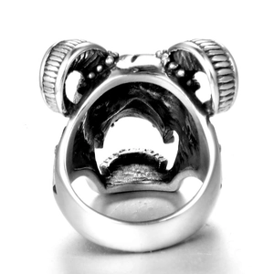 Vintage stainless steel ram skull ring for men with detailed silver metal carving
