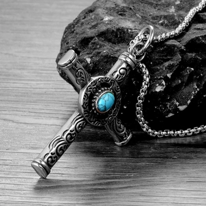 Vintage stainless steel cross necklace with oval turquoise stone and floral patterns