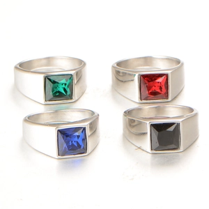 Men's titanium steel square gemstone rings in green, red, blue, and black onyx finishes