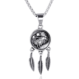 Vintage Punk Stainless Steel Eagle Head Relief Pendant With Three Feathers Antique Silver Pendant Only Without Chain For Men
