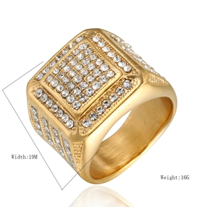 Men's hip hop gold-plated square signet ring with sparkling rhinestones and 19mm width
