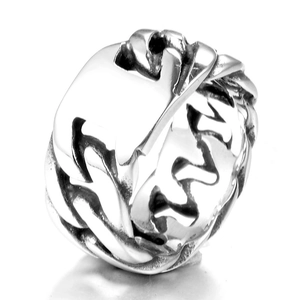 Polished silver cuban chain link ring with oxidized vintage detail for men on white background