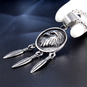 Punk eagle feather pendant necklace with vintage silver steel finish and long chain