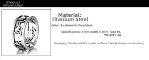 Detail view of vintage titanium steel mantra ring with technical dimensions and specs