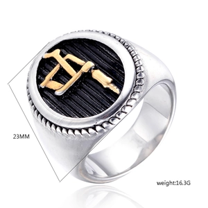 Macro detail of a 23mm stainless steel two-tone industrial ring with engraved patterns
